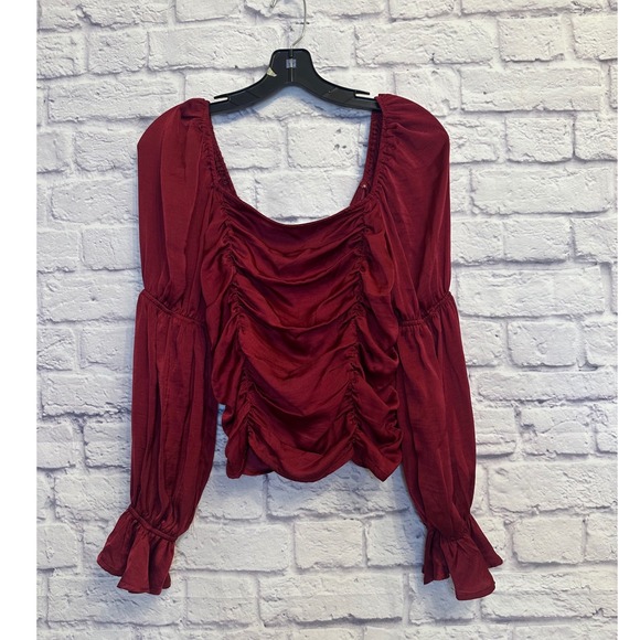 NWT‎ The Refinery Ruched Crop Top Square Neck Long Sleeve Blouse Wine Red M - Picture 1 of 8